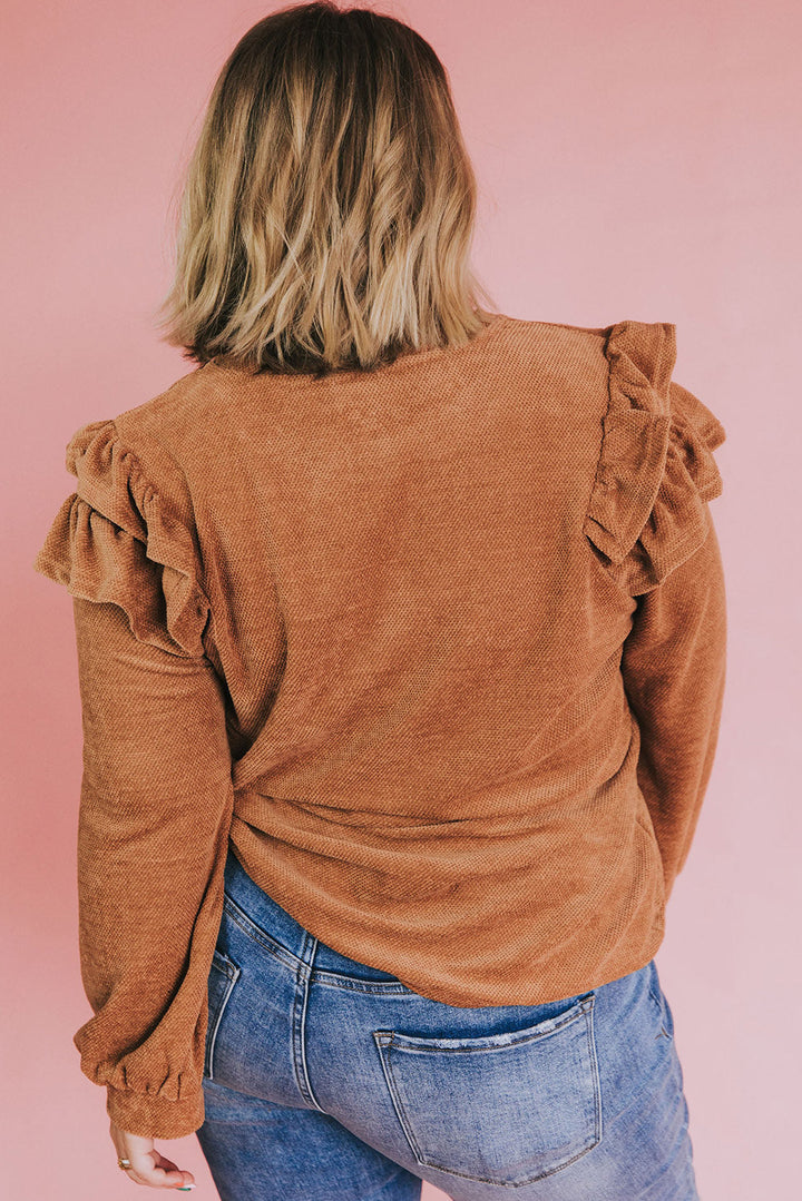 Brown Plus Size Solid Ruffled Tiered Long Sleeve Top