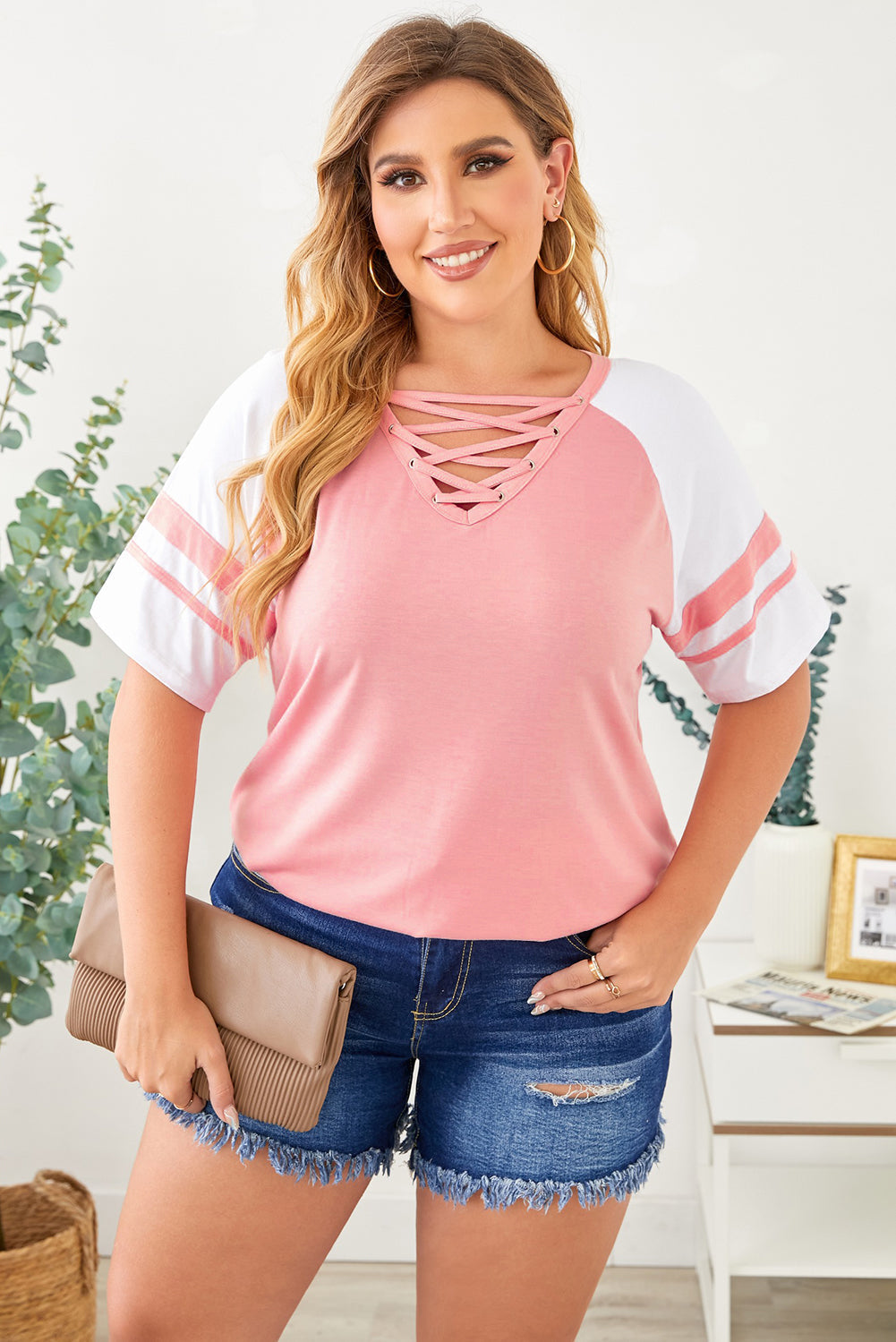 Crisscross V Neck Raglan Sleeve Plus Size Tee