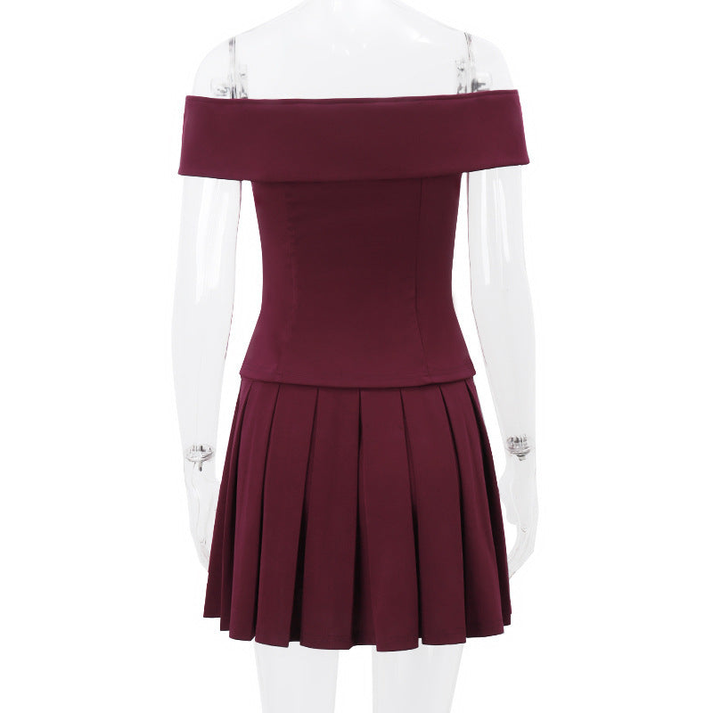 Elegant Suit Double-breasted Off-shoulder Top And Pleated Skirt Women