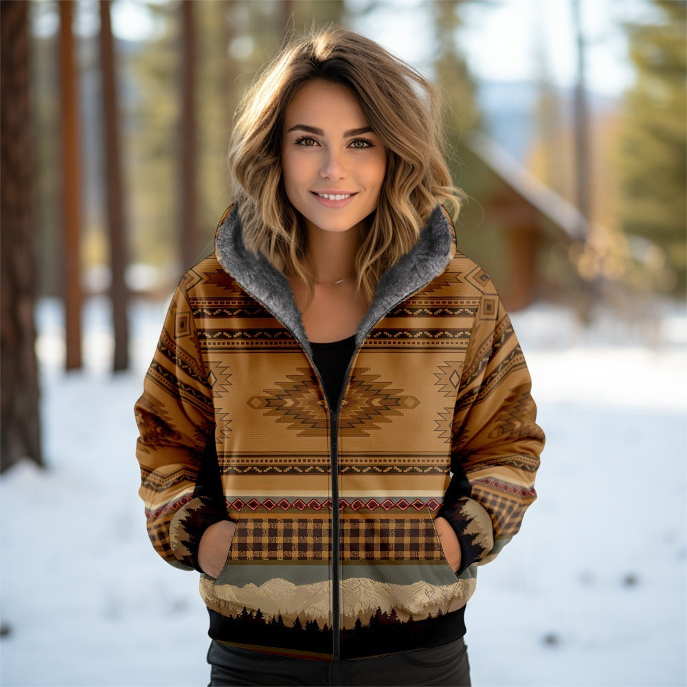 3D Women's Hooded Zipped Cotton-padded Jacket
