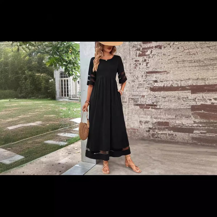 New Hot Sale Five-quarter Sleeve Mesh Patchwork Round Neck Pocket Dress