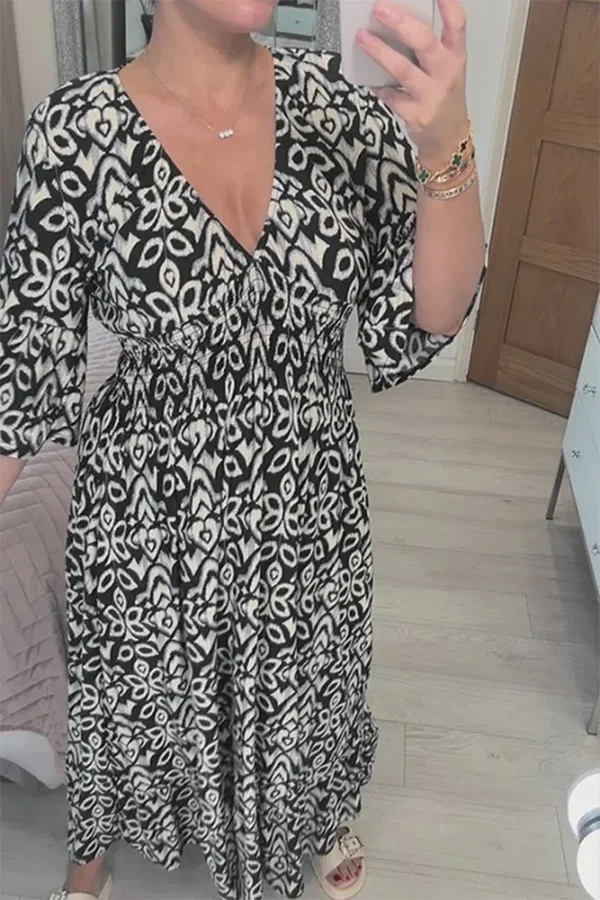 Clevecorner™ Bohemian casual print V-neck waist wrap long dress