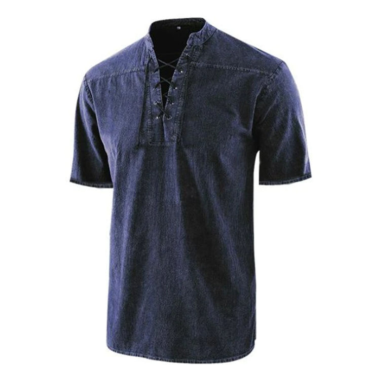 Men's Lace-up Stand-up Collar Casual Short-sleeved Shirt