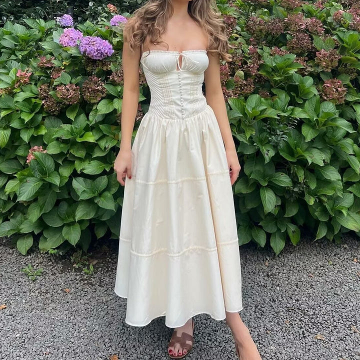 Women's French Suspender Long Dress Button Lace-up Temperament Slim Dress Summer Seaside Vacation Beach Dresses
