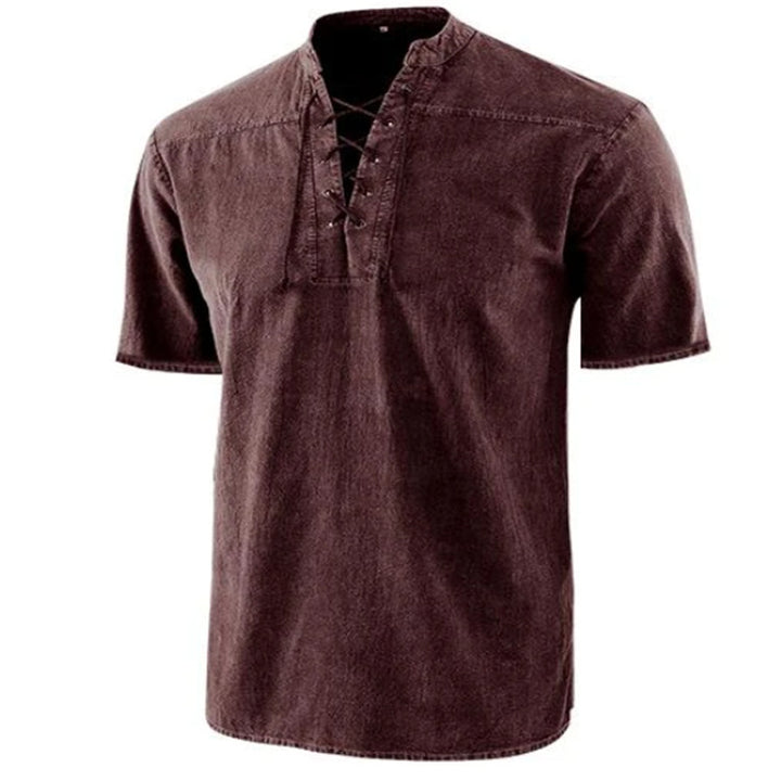 Men's Lace-up Stand-up Collar Casual Short-sleeved Shirt
