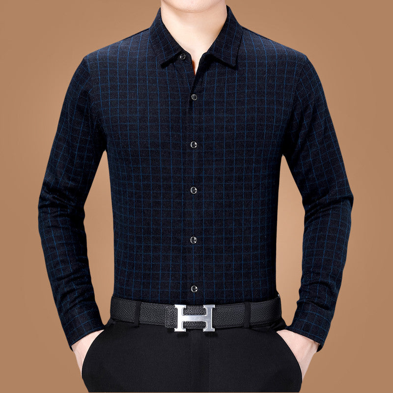Middle-Aged Spring New Business Casual Plaid Long-Sleeved Shirt For Men