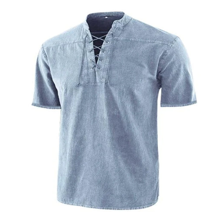 Men's Lace-up Stand-up Collar Casual Short-sleeved Shirt