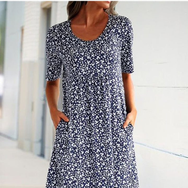 Women's Round Neck Floral Mid Length Short Sleeve Dress