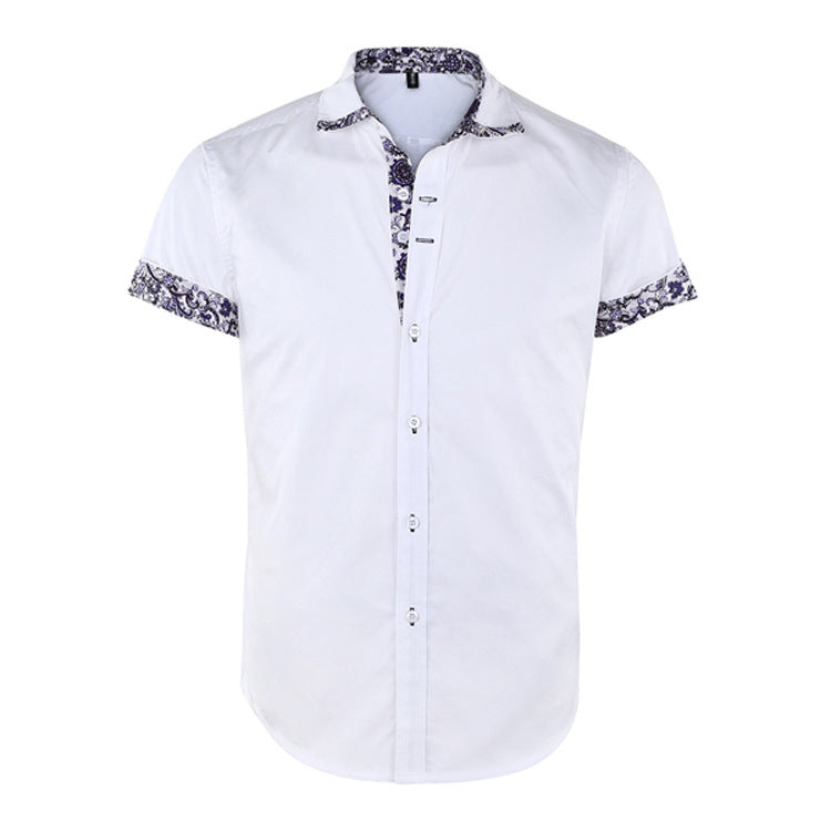 Men's Printed Stitching Solid Color Short Sleeve Shirt
