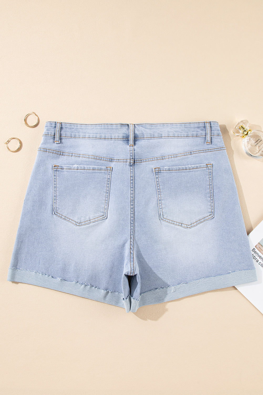 Folded Edge High Waist Plus Size Denim Shorts