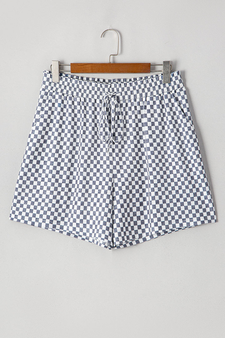 Gray Checkerboard Lace-Up High Waist Plus Size Casual Shorts