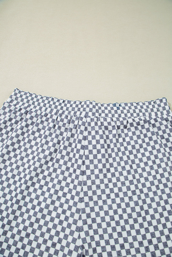 Gray Checkerboard Lace-Up High Waist Plus Size Casual Shorts