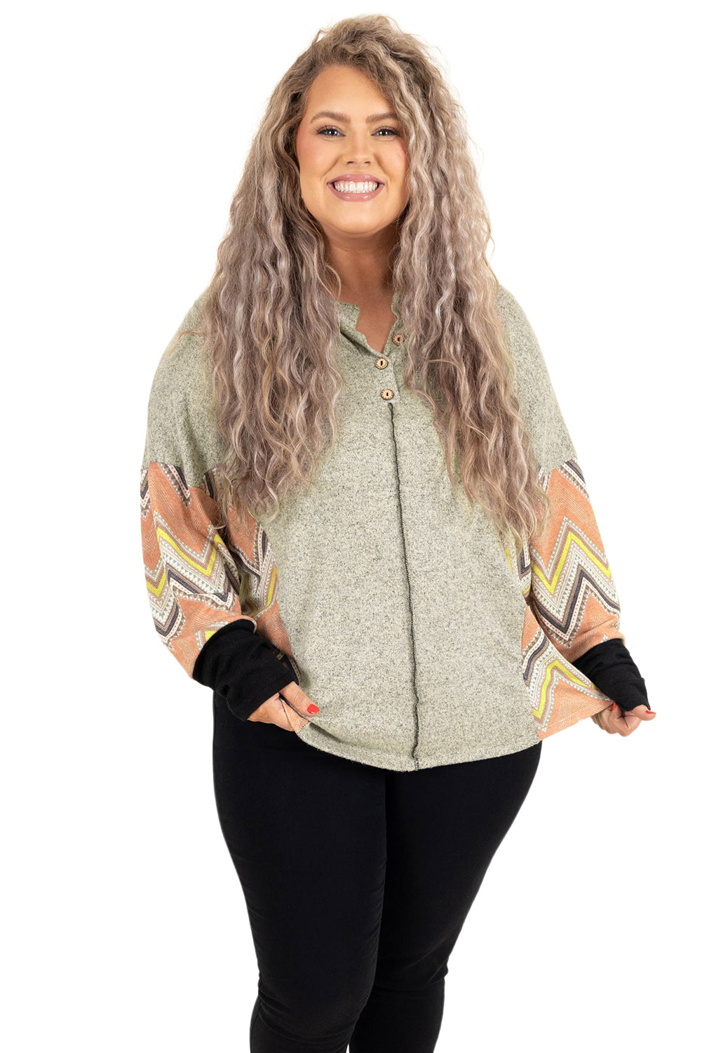 Gray Plus Size Chevron Sleeves Top
