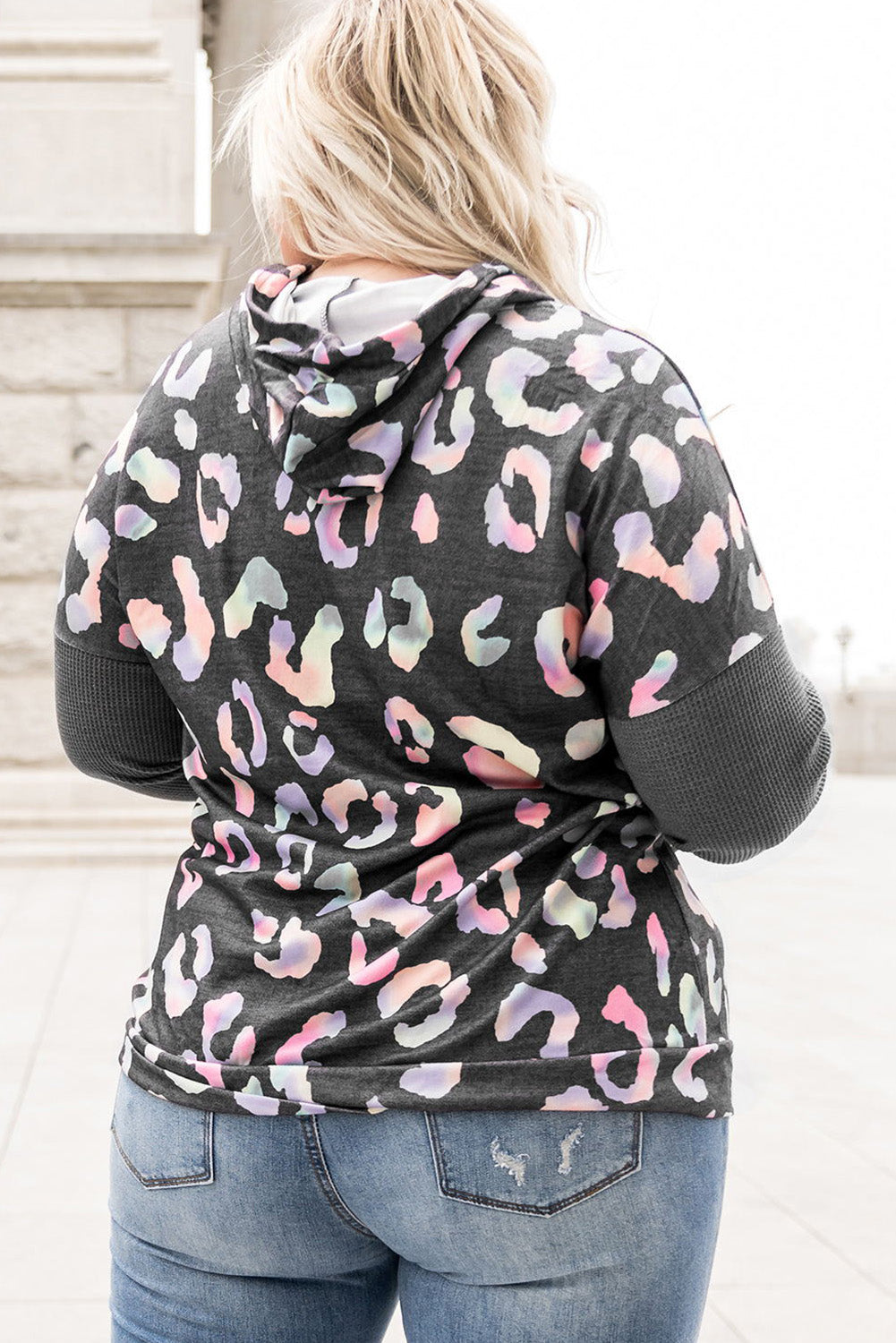 Gray Plus Size Leopard Waffle Knit Hoodie