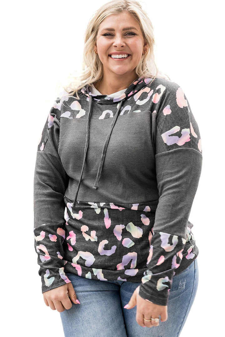 Gray Plus Size Leopard Waffle Knit Hoodie