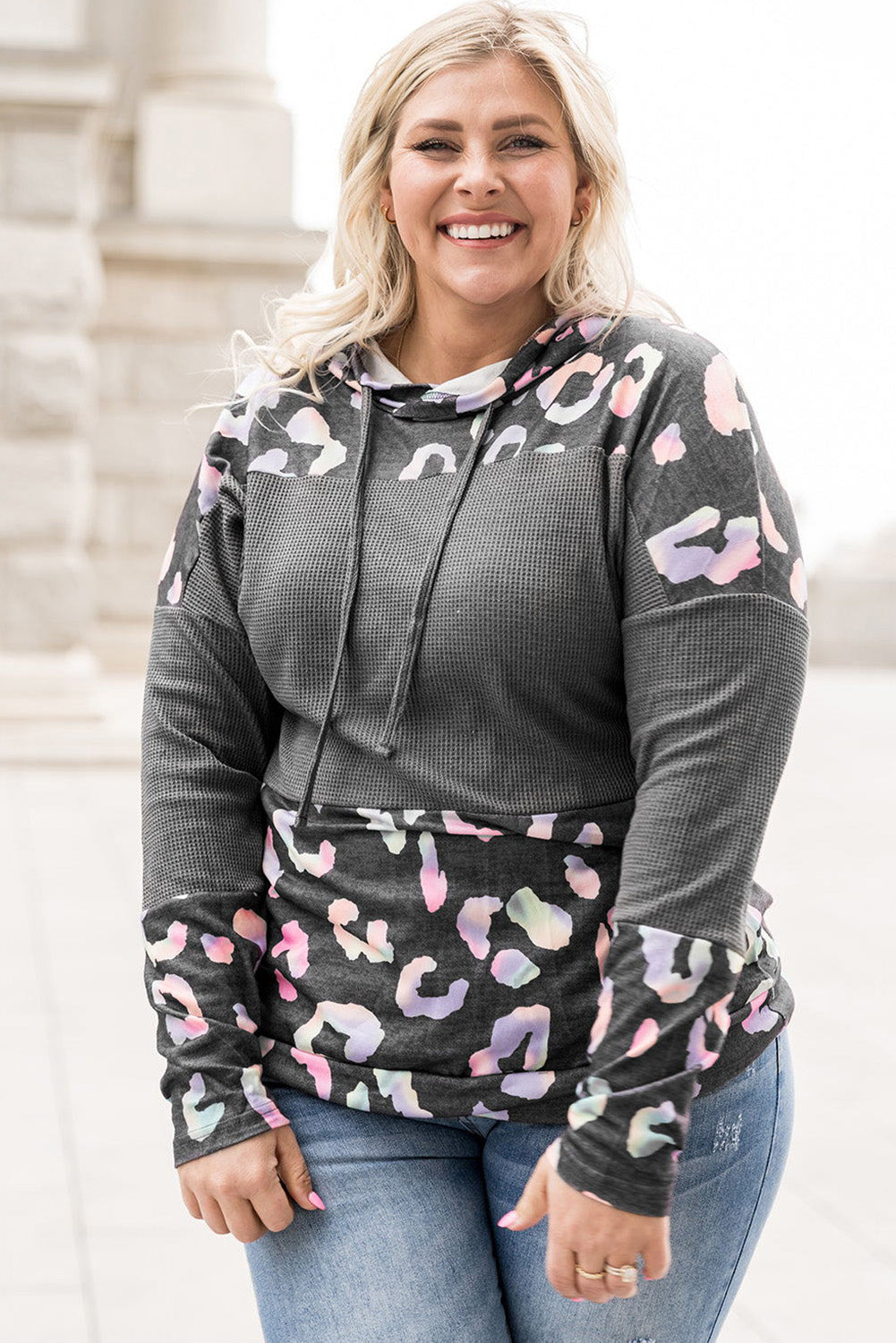 Gray Plus Size Leopard Waffle Knit Hoodie