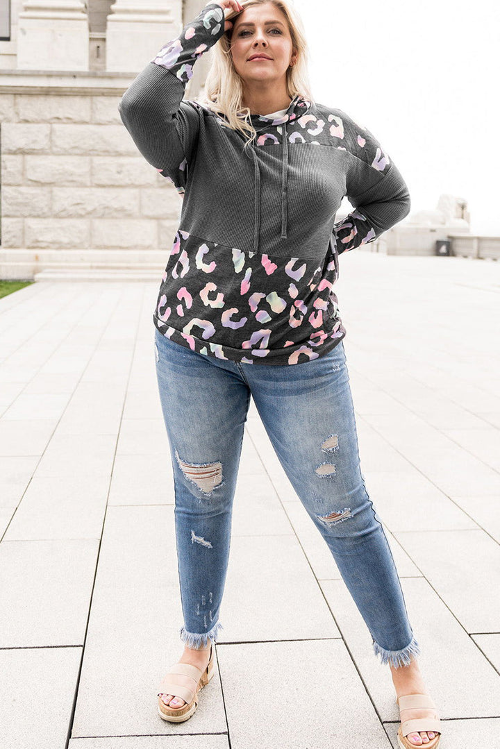 Gray Plus Size Leopard Waffle Knit Hoodie