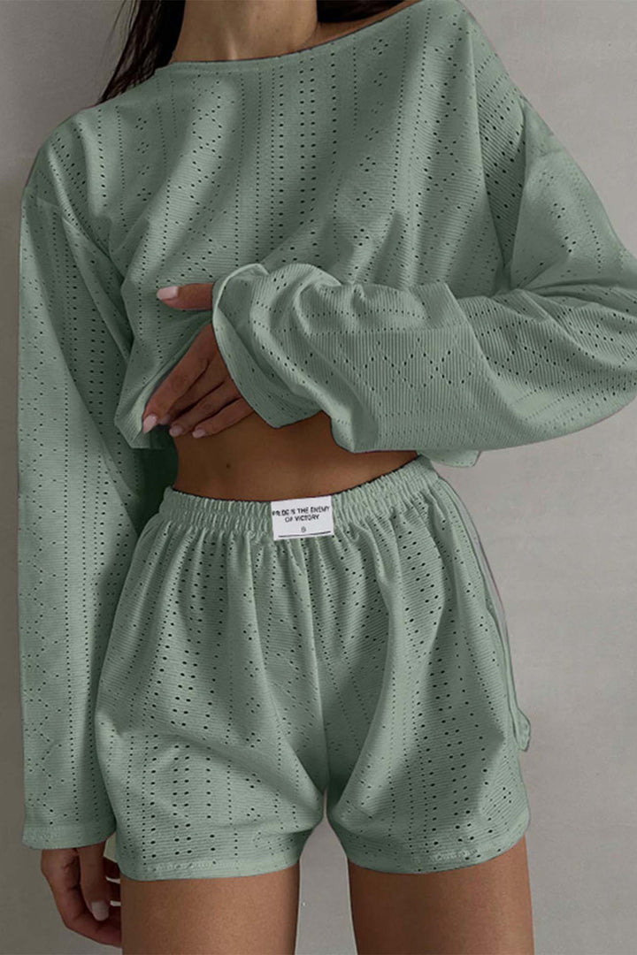 Hollow Long Sleeve Shorts Slit Two-Piece Set