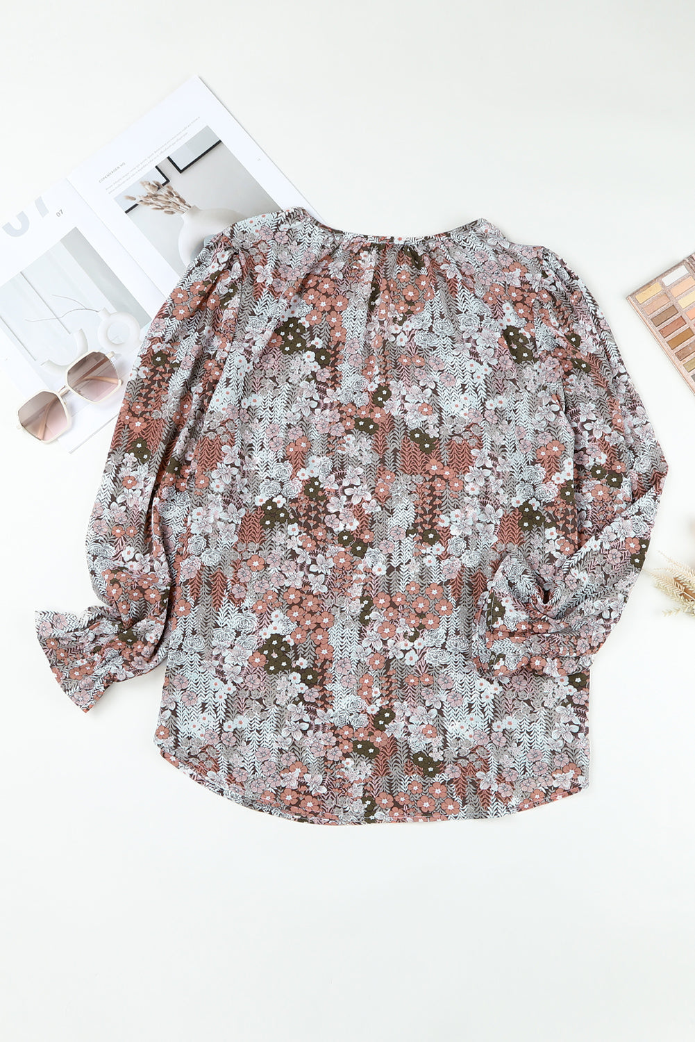 Khaki Plus Size Printed Long Sleeve Drawstring V Neck Blouse