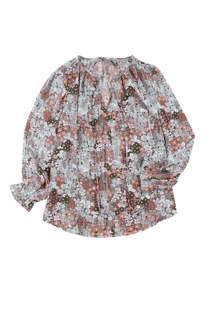 Khaki Plus Size Printed Long Sleeve Drawstring V Neck Blouse