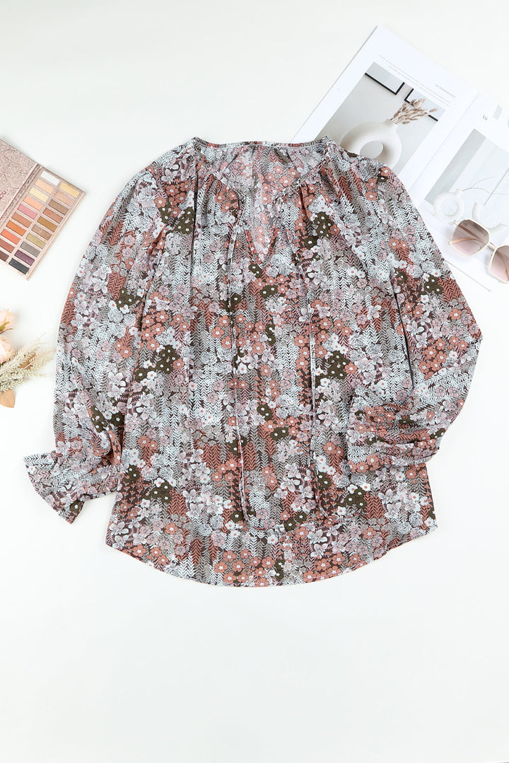 Khaki Plus Size Printed Long Sleeve Drawstring V Neck Blouse