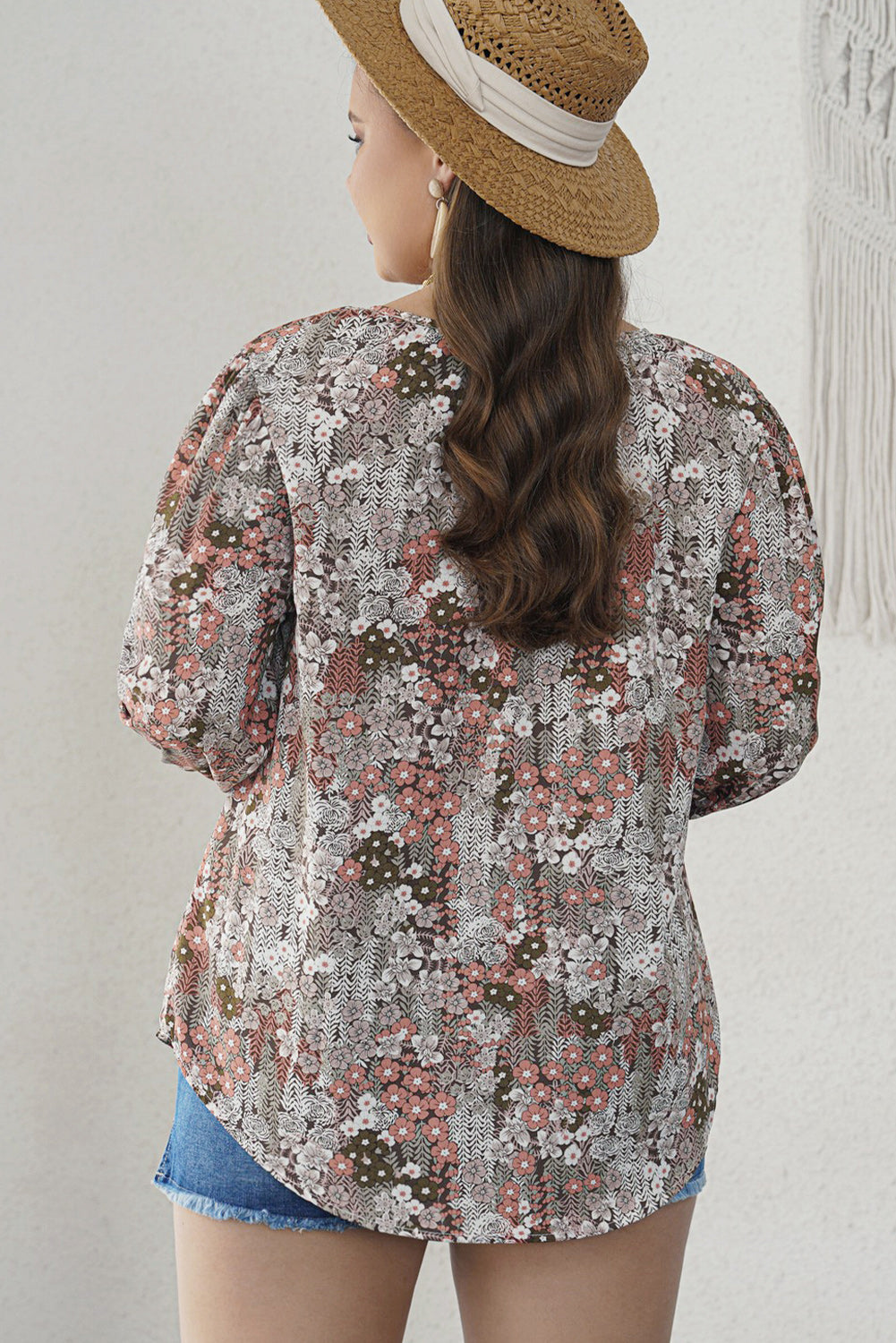 Khaki Plus Size Printed Long Sleeve Drawstring V Neck Blouse
