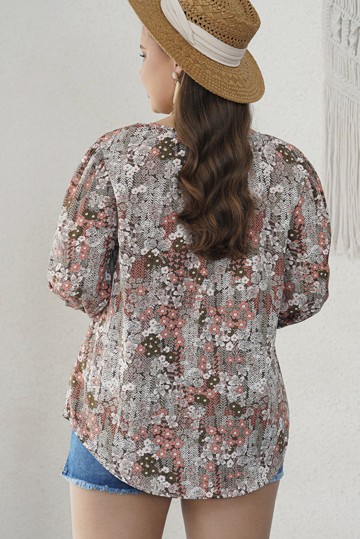 Khaki Plus Size Printed Long Sleeve Drawstring V Neck Blouse