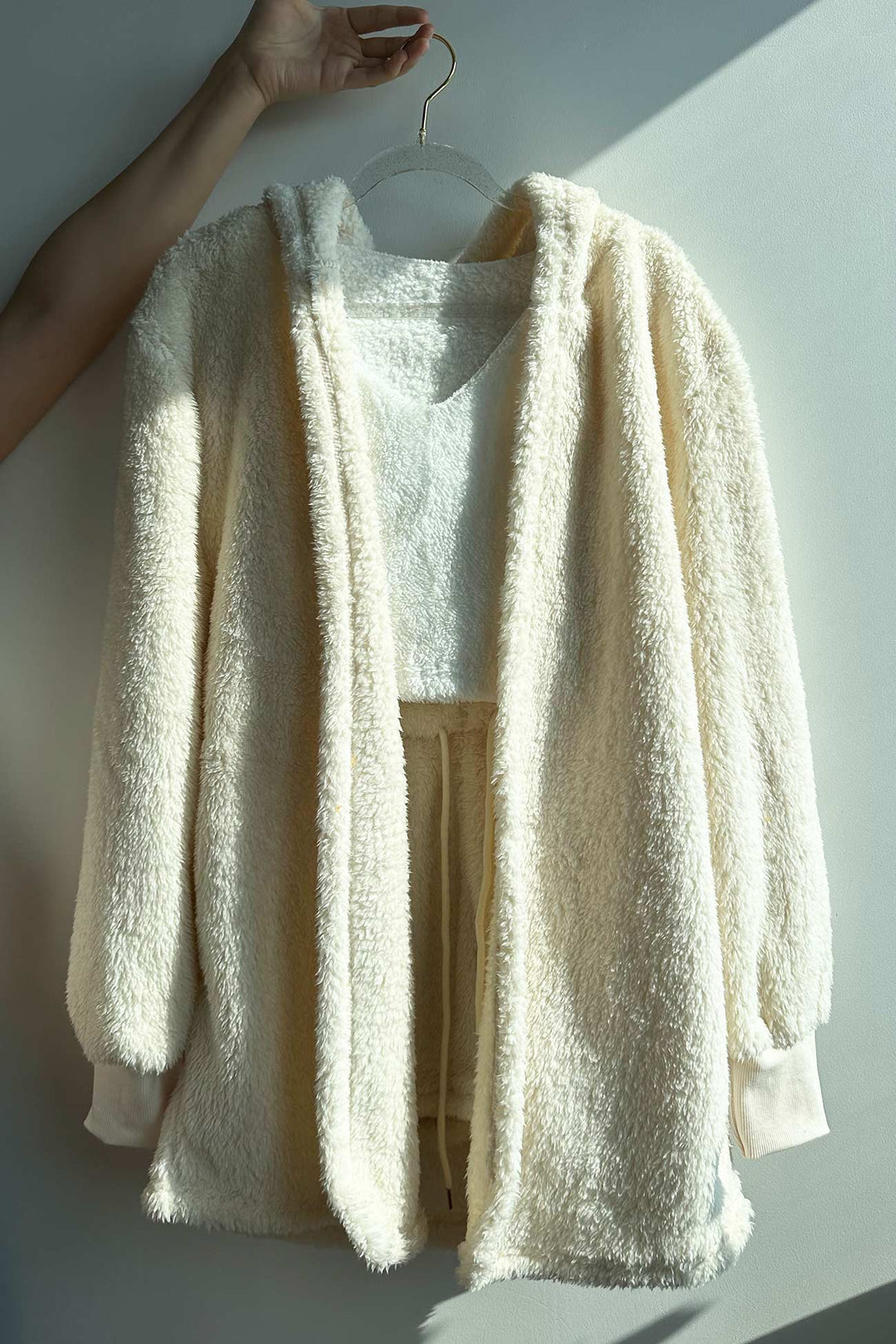 Plush Open-Front Hoodie Vest Three Piece Shorts Set