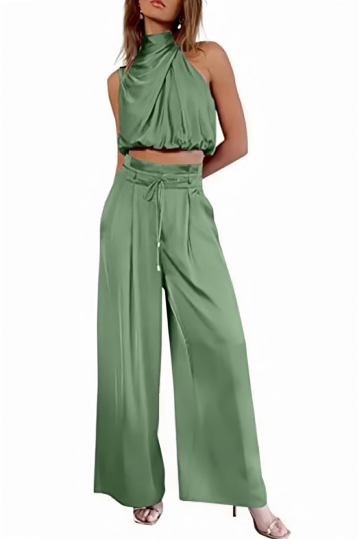 Satin Mock Neck Crop Top Pants Suits