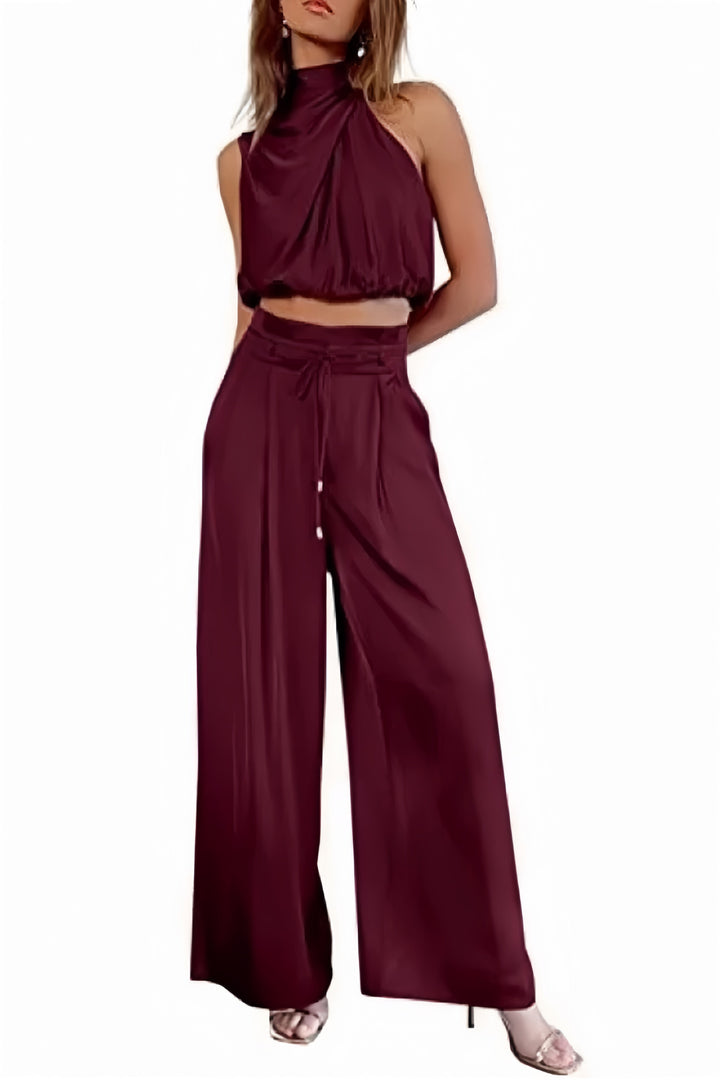 Satin Mock Neck Crop Top Pants Suits