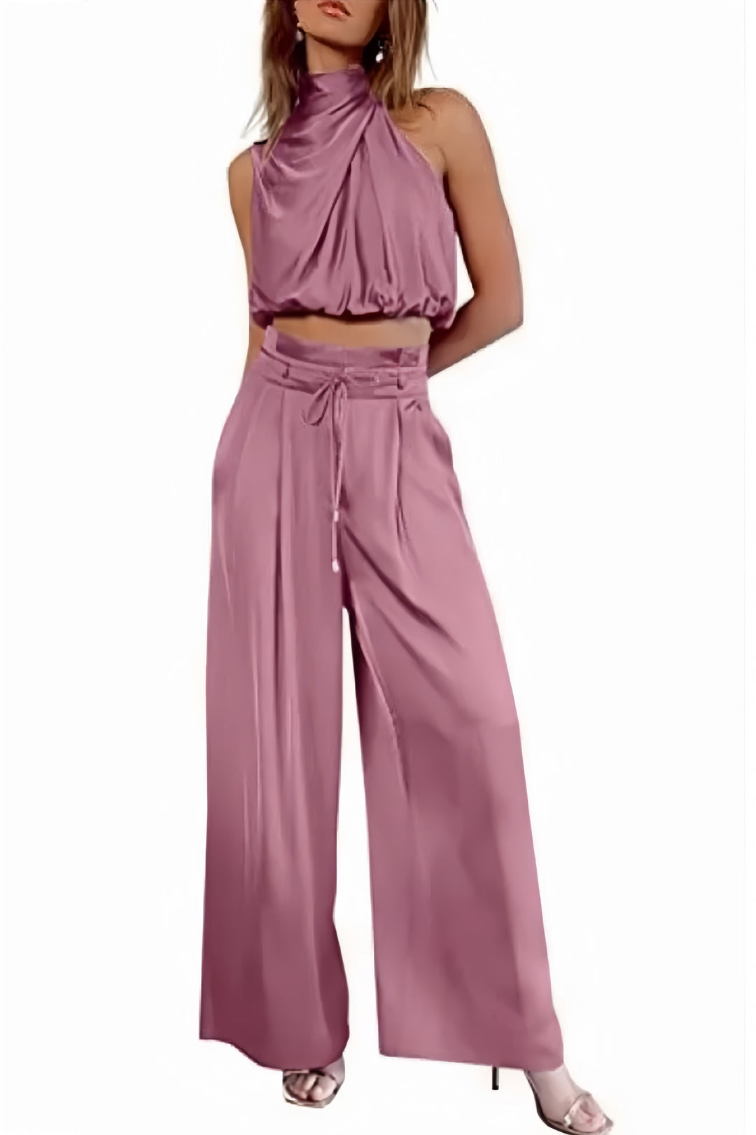 Satin Mock Neck Crop Top Pants Suits