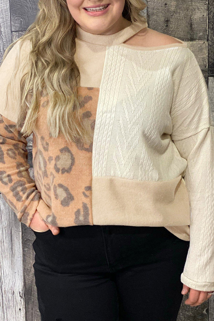 Multicolor Leopard Cable Knit Mix Patchwork Cutout Plus Top