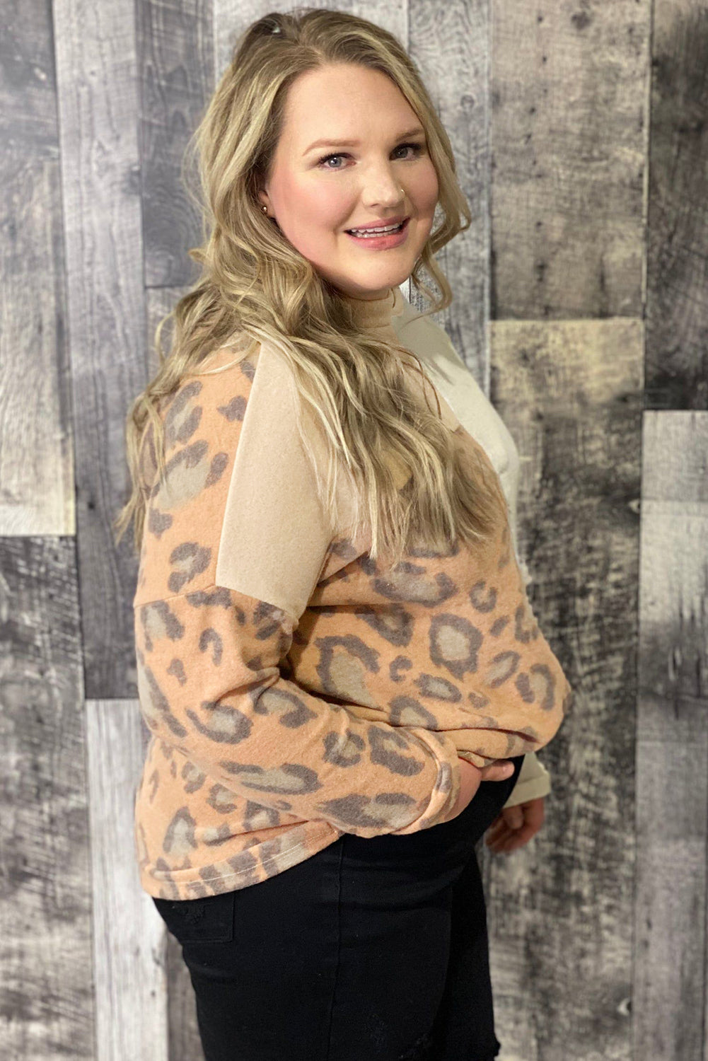 Multicolor Leopard Cable Knit Mix Patchwork Cutout Plus Top