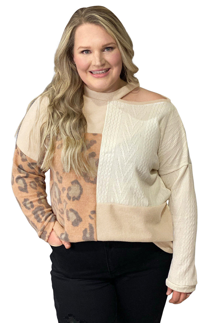 Multicolor Leopard Cable Knit Mix Patchwork Cutout Plus Top