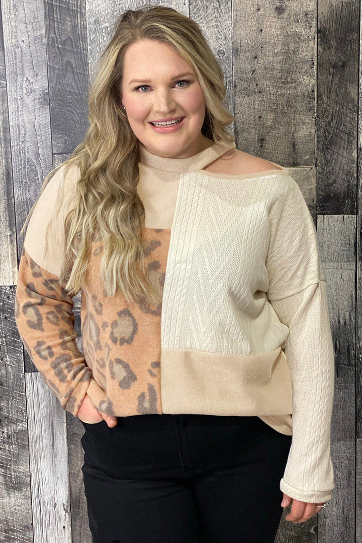 Multicolor Leopard Cable Knit Mix Patchwork Cutout Plus Top