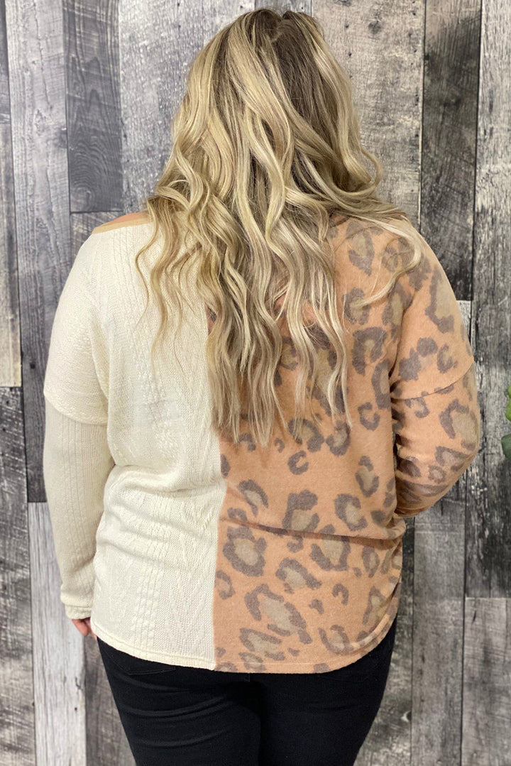 Multicolor Leopard Cable Knit Mix Patchwork Cutout Plus Top