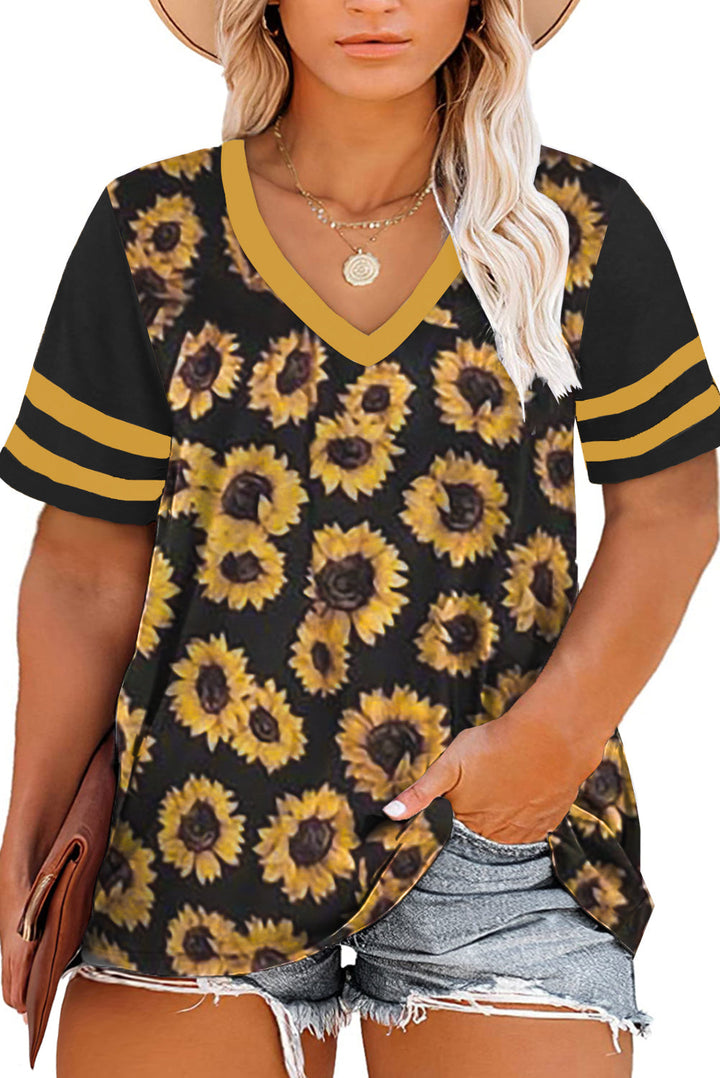 Palm Tree Leaves Print Striped Short Sleeve V Neck T-Shirt