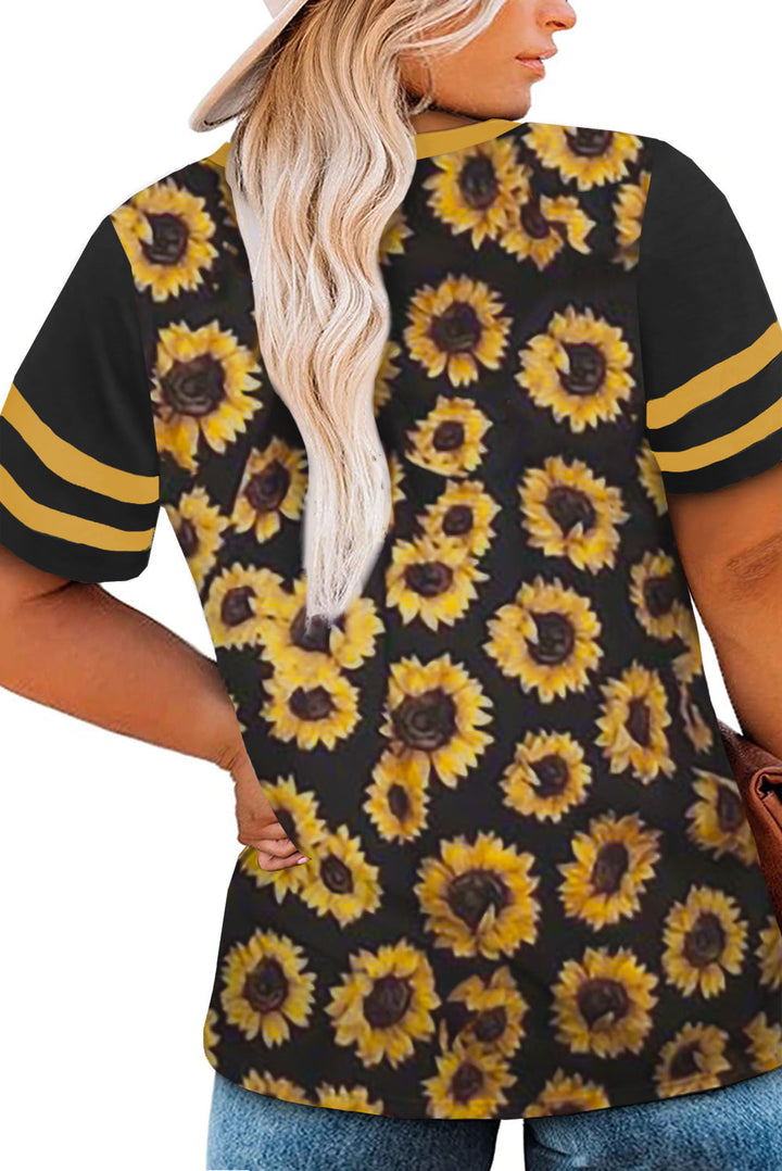 Palm Tree Leaves Print Striped Short Sleeve V Neck T-Shirt