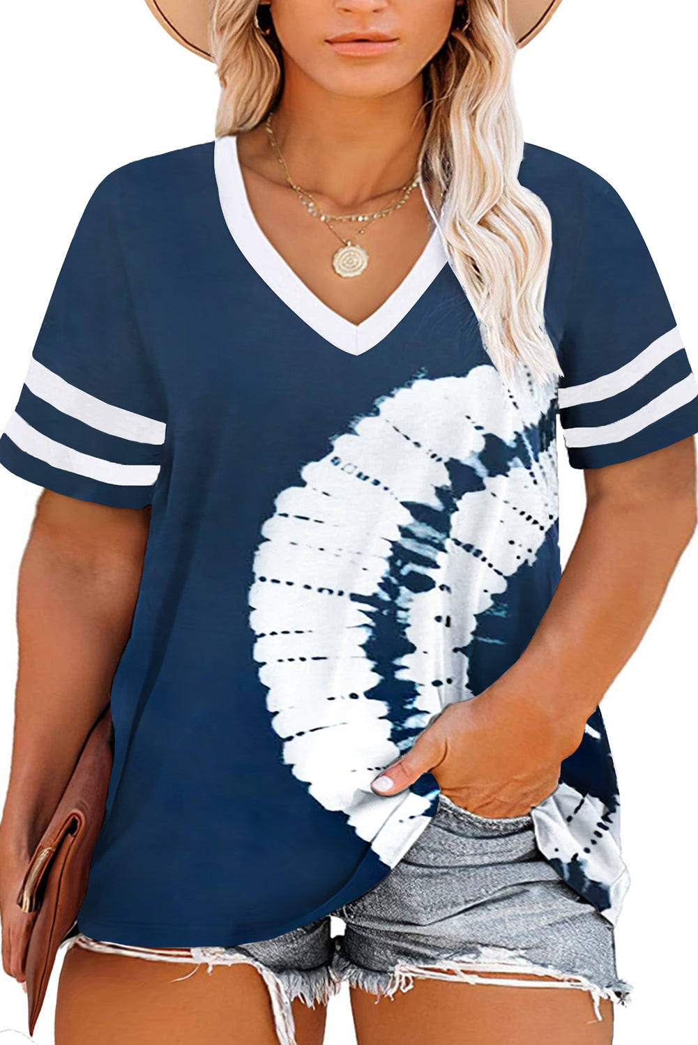 Palm Tree Leaves Print Striped Short Sleeve V Neck T-Shirt