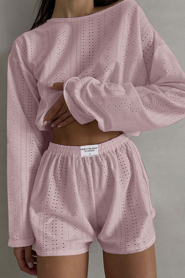 Hollow Long Sleeve Shorts Slit Two-Piece Set