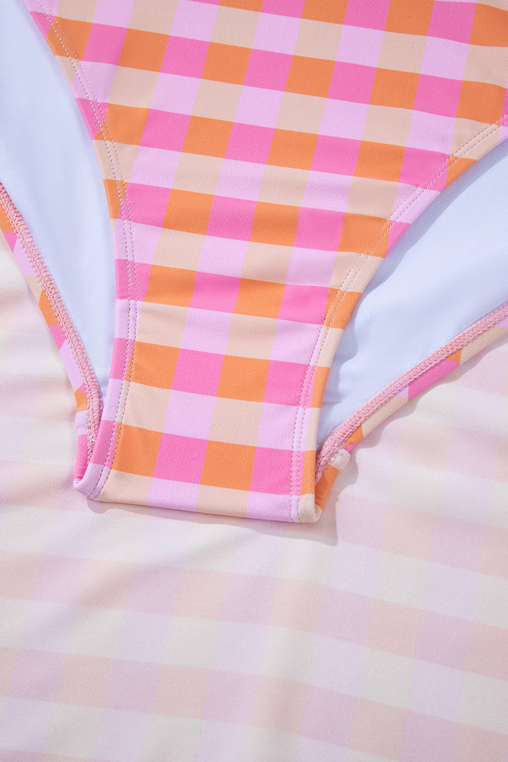 Pink Plus Size Plaid Print High Waist Bikini Set