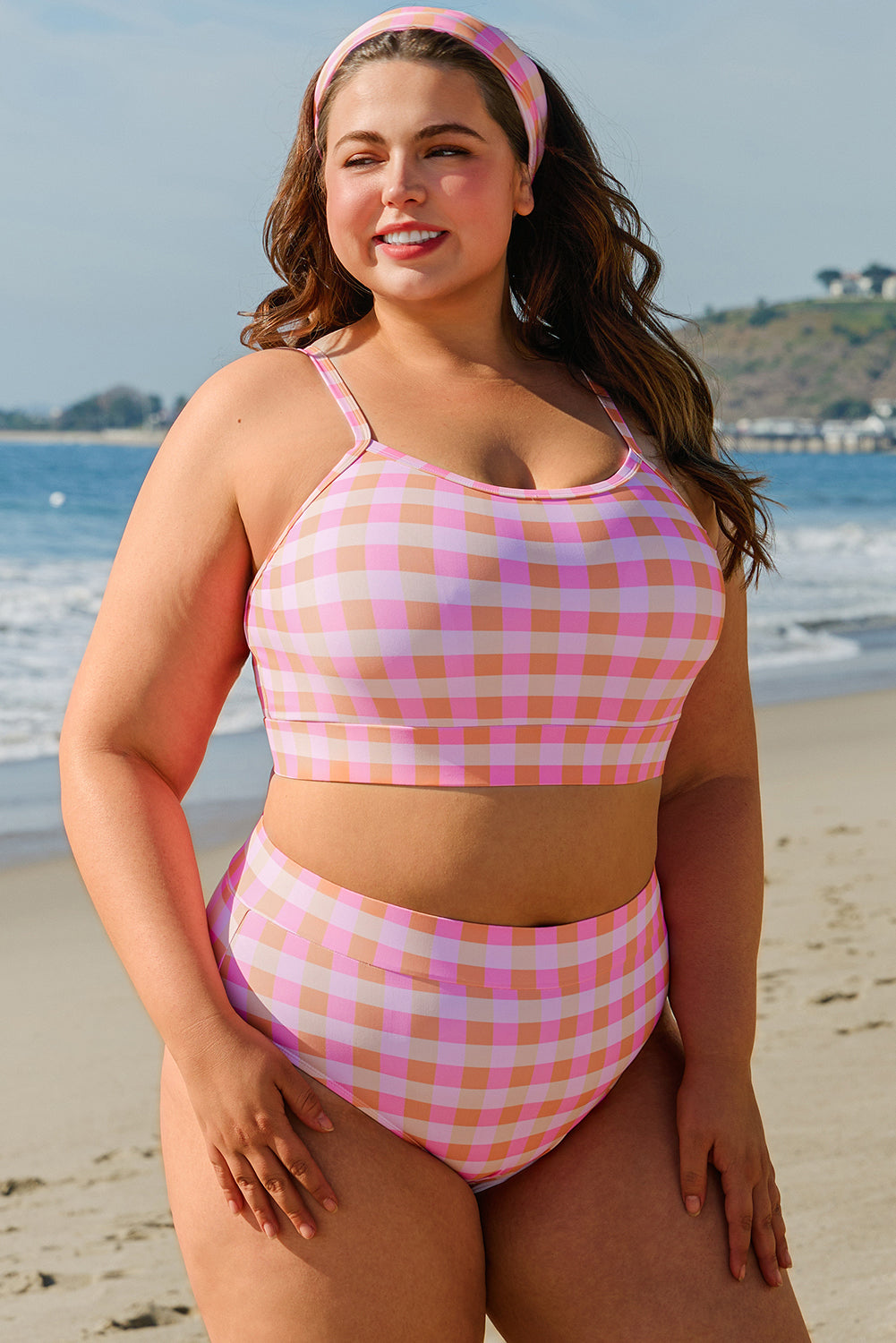 Pink Plus Size Plaid Print High Waist Bikini Set