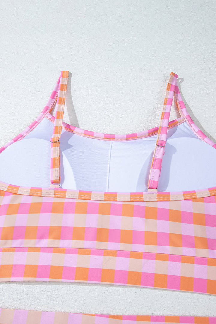 Pink Plus Size Plaid Print High Waist Bikini Set