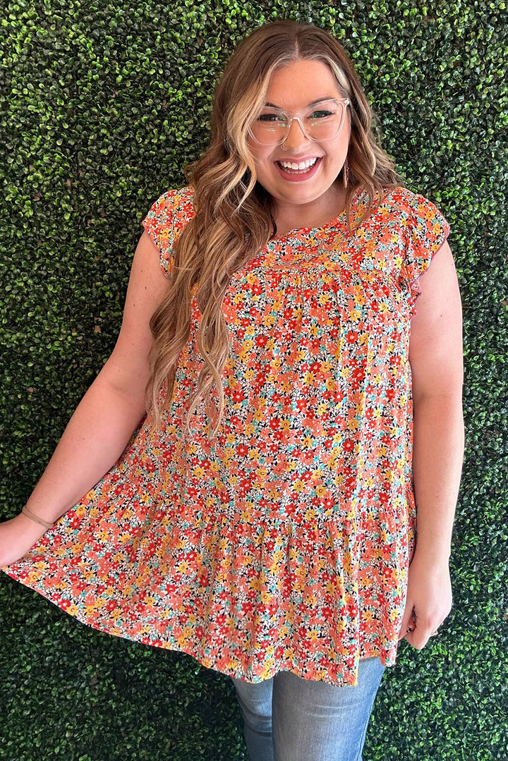 Plus Size Boho Floral Print Ruffle Tiered Top