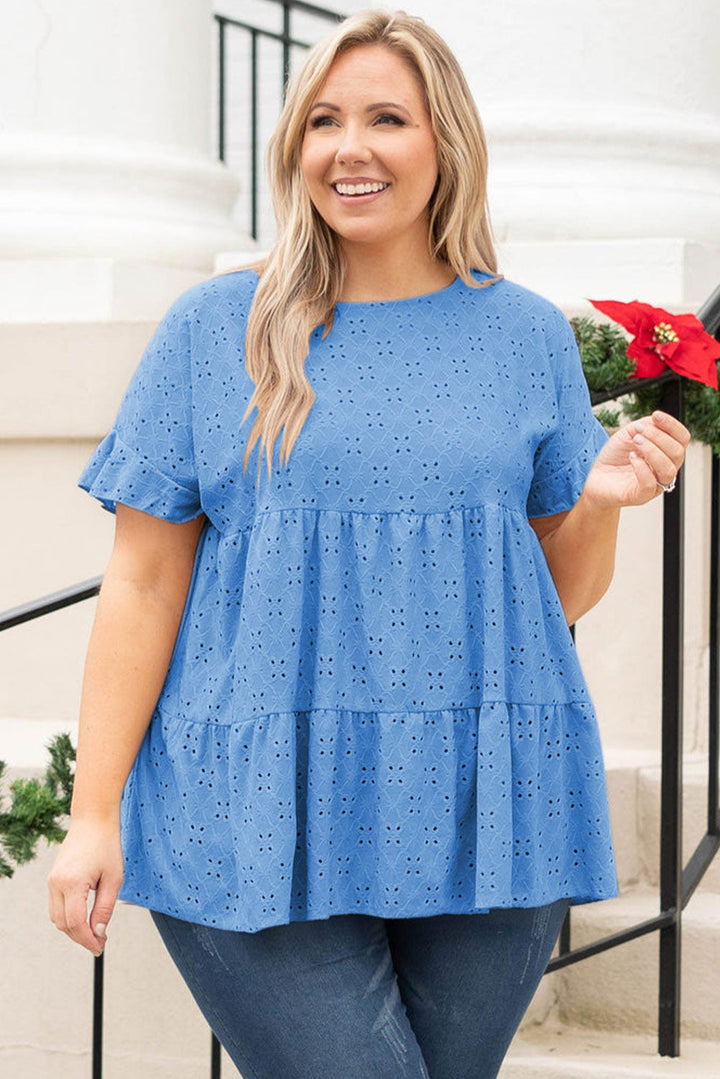 Plus Size Eyelet Pattern Ruffle Sleeve Babydoll Top
