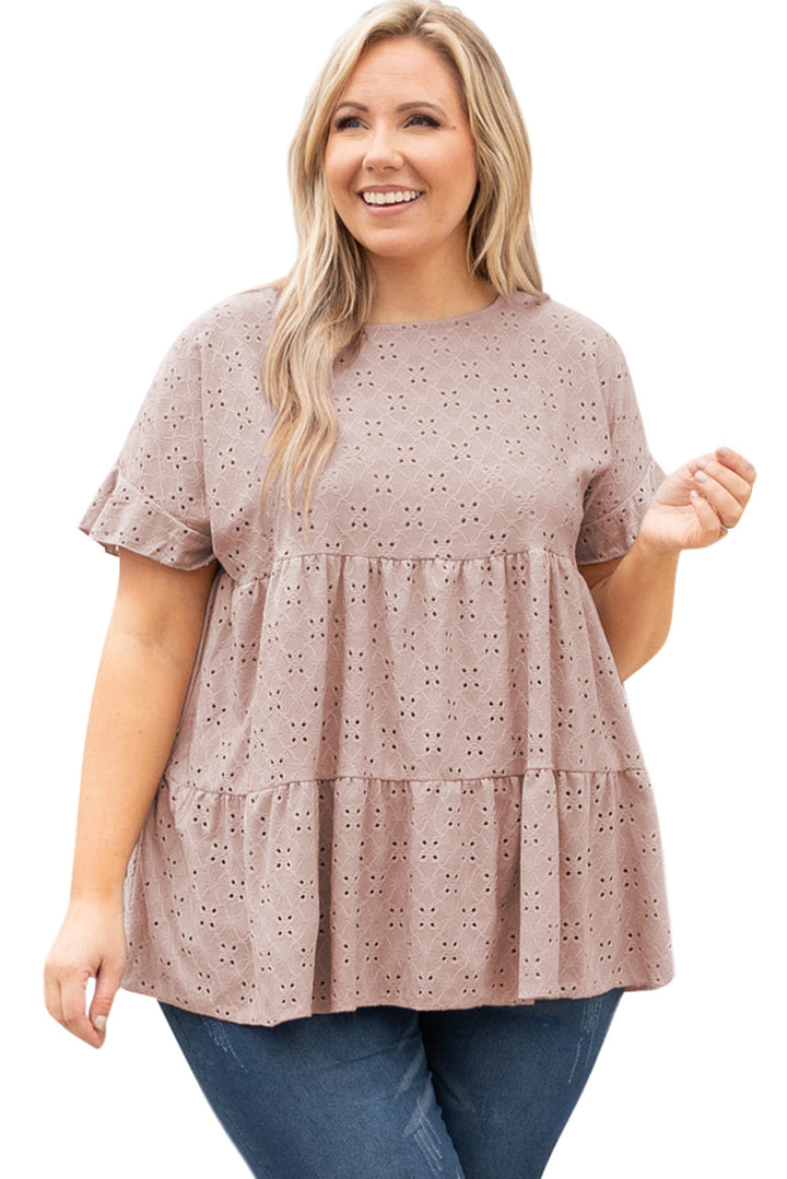 Plus Size Eyelet Pattern Ruffle Sleeve Babydoll Top