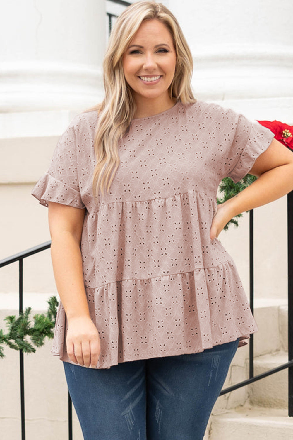 Plus Size Eyelet Pattern Ruffle Sleeve Babydoll Top