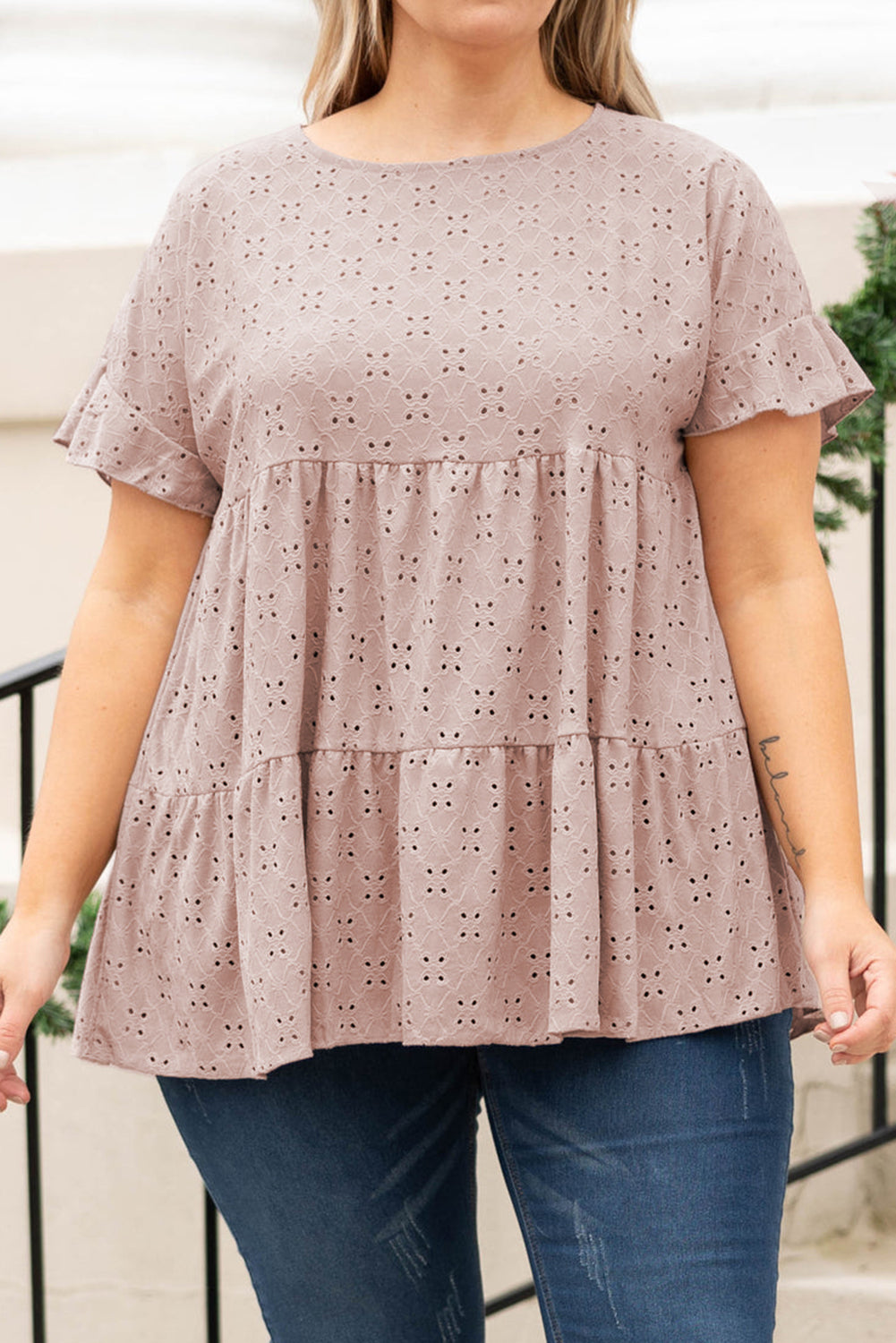 Plus Size Eyelet Pattern Ruffle Sleeve Babydoll Top