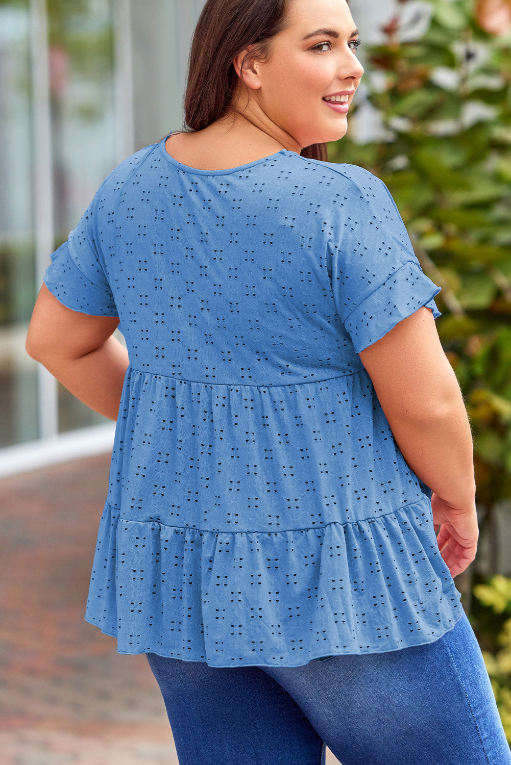 Plus Size Eyelet Pattern Ruffle Sleeve Babydoll Top