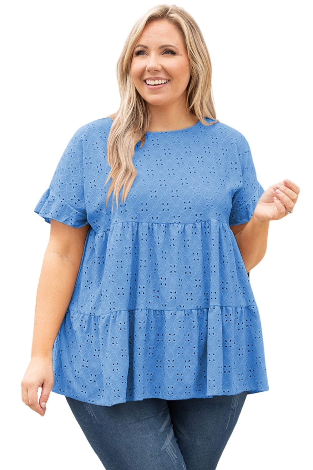 Plus Size Eyelet Pattern Ruffle Sleeve Babydoll Top